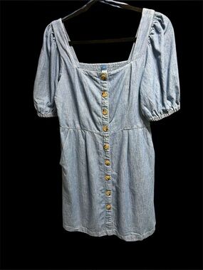 Medium Wash Denim Button-Front Dress with Puff Sleeves